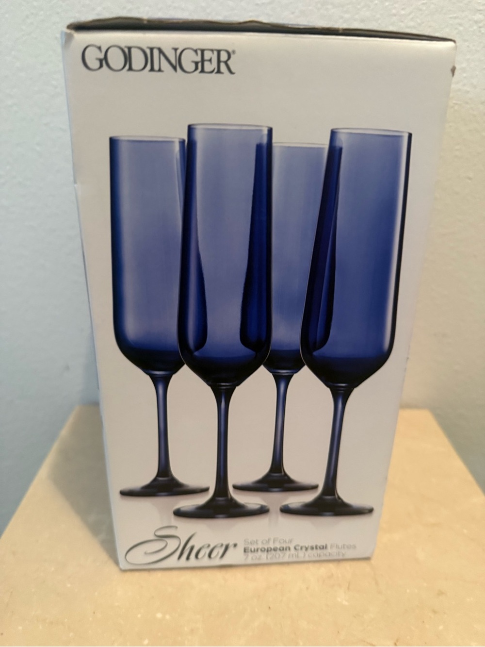 NIB 4 Sheer by Godinger blue flutes. Czech Republic. 8oz